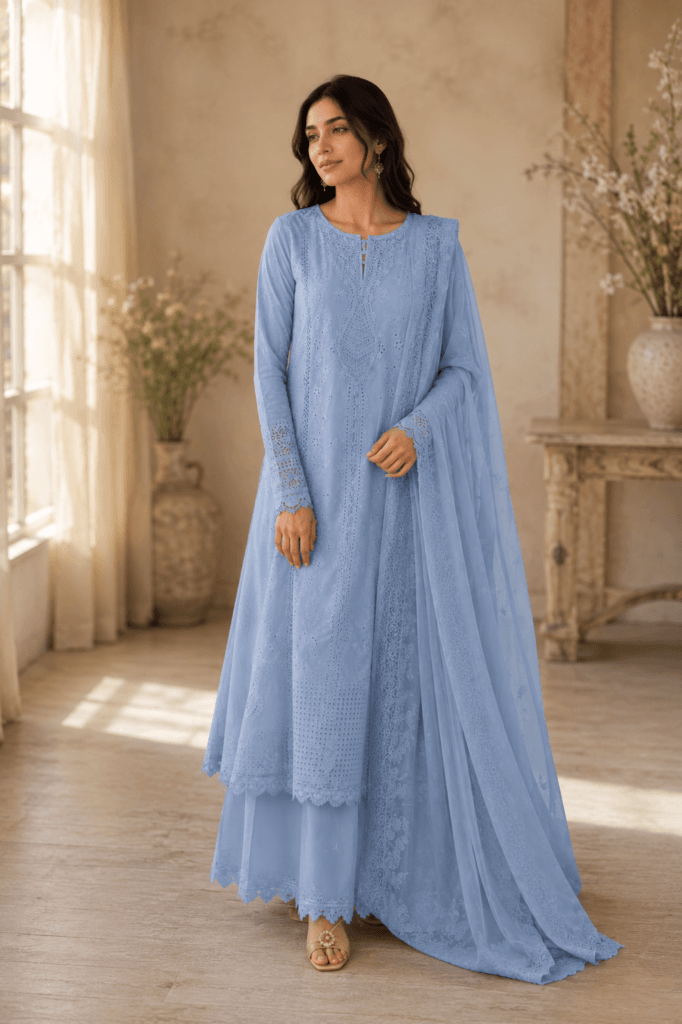 Azure Elegance Embroidered 3-Piece Suit