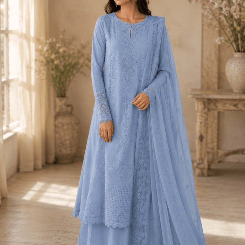 Azure Elegance Embroidered 3-Piece Suit