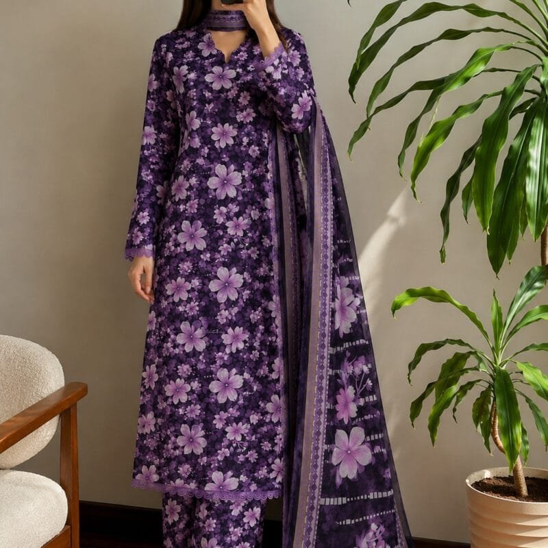 Midnight Bloom Printed 3-Piece Lawn Suit