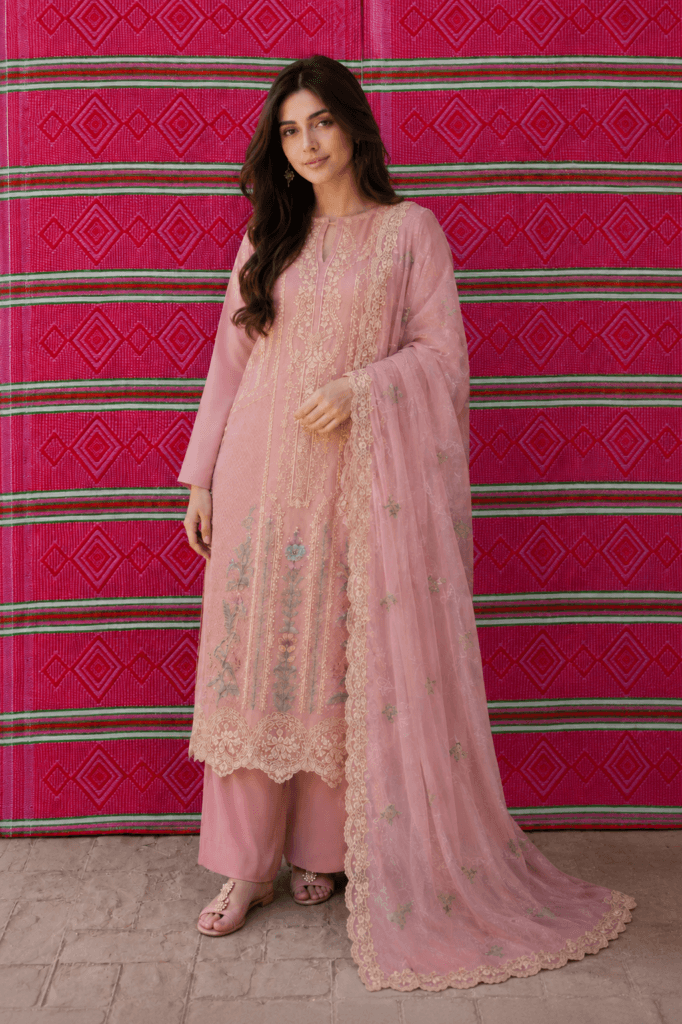 Blush Tea Pink Embroidered 3-Piece Luxury Lawn Suit-unstitched