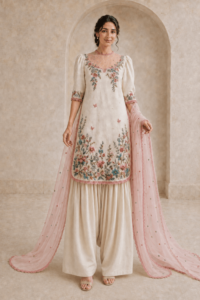 Rosé Garden – Unstitched Embroidered Linen Ensemble