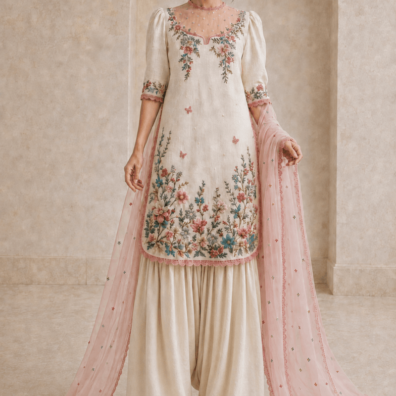 Rosé Garden – Unstitched Embroidered Linen Ensemble