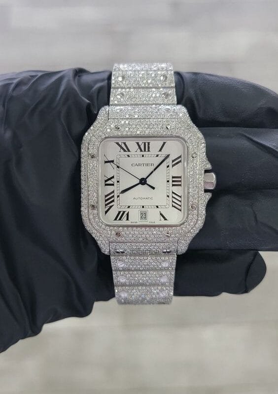 Iced out Santos style luxury watch for men with pavé stones - Elhan and Regina Pakistan